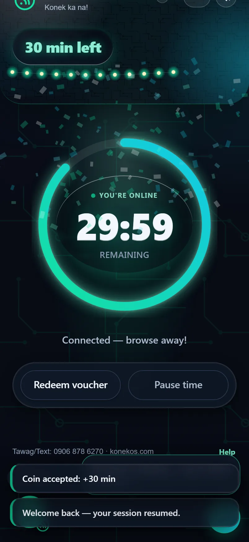 A KonekOS customer online with 2h 30m of WiFi time remaining